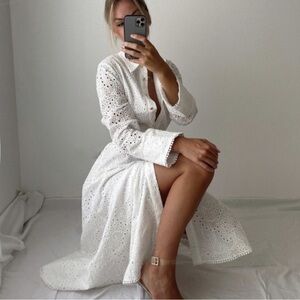 Zara Embroidered Shirt Dress White Midi